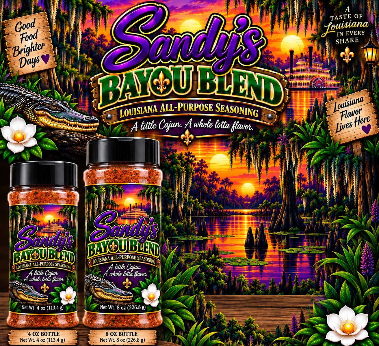 Sandy's Bayou Blend Louisiana all-purpose seasoning, 4 oz and 8 oz bottles